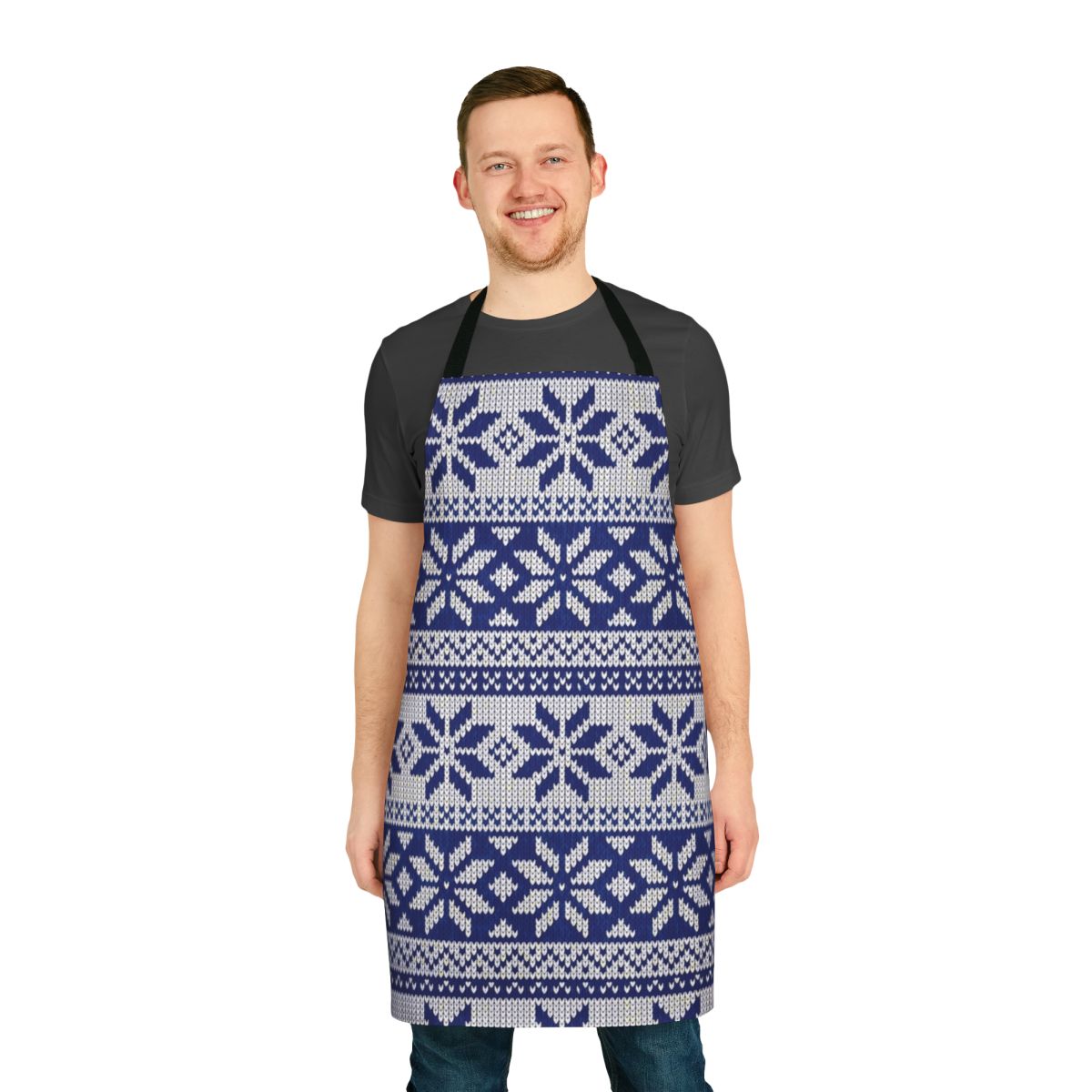 A cozy, knit Christmas apron featuring a festive sweater pattern design.
