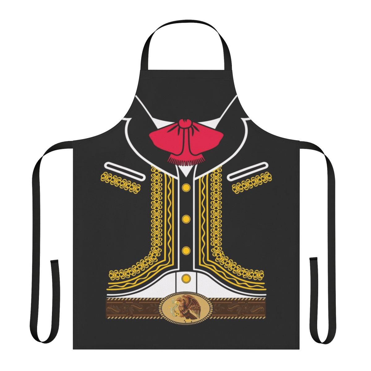 Mariachi-inspired costume apron with sombrero, churros, and other Mexican elements