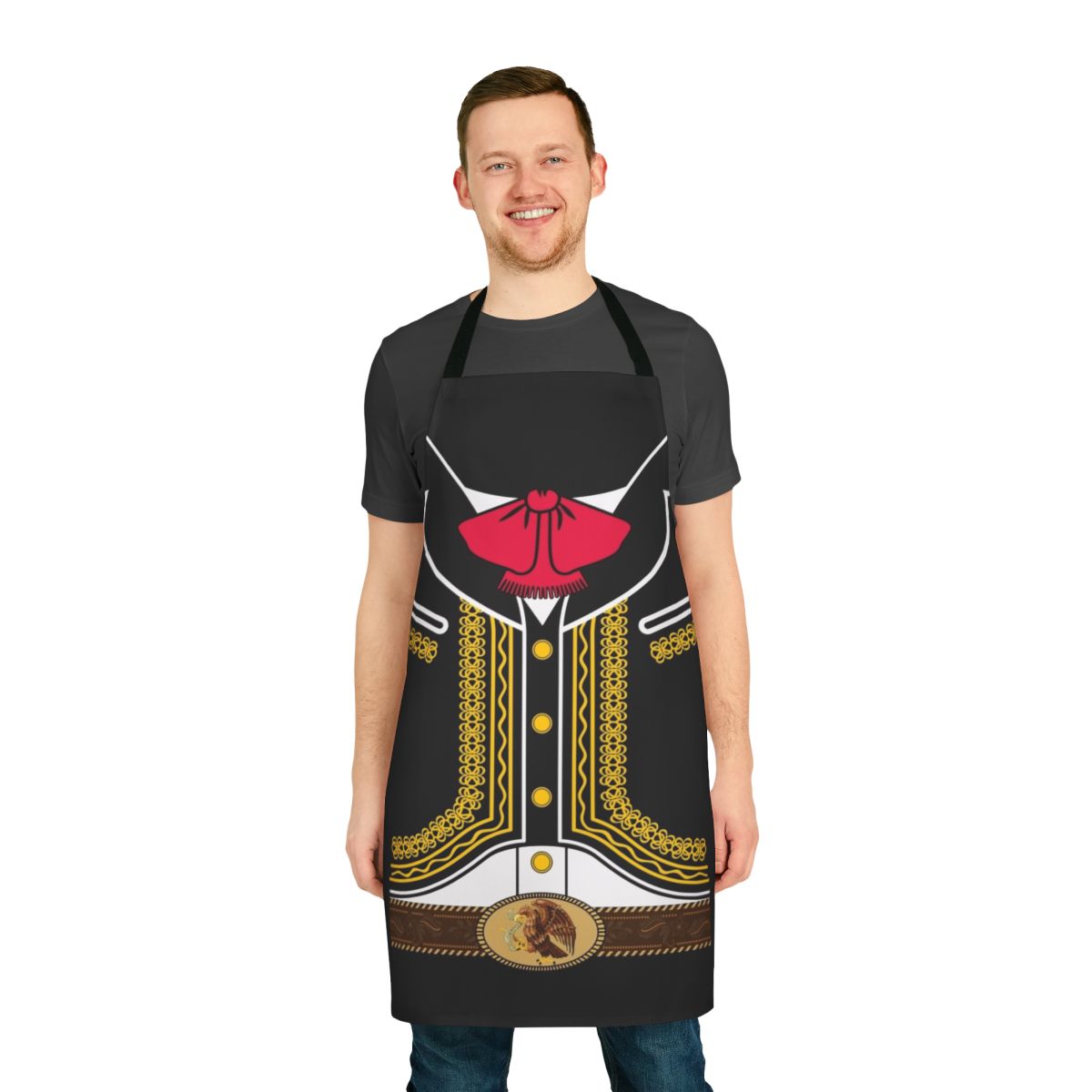 Mariachi-inspired costume apron with sombrero, churros, and other Mexican elements