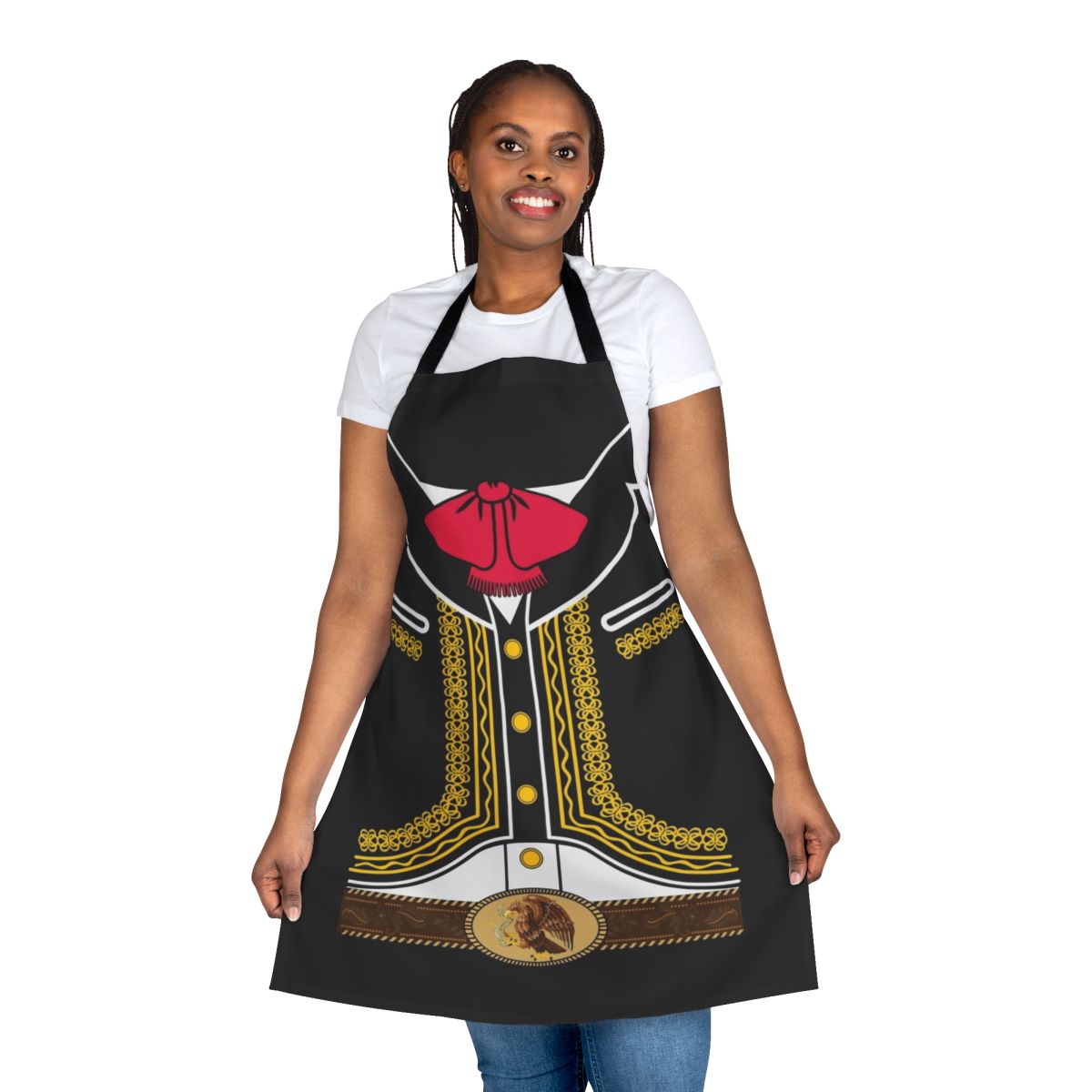 Mariachi-inspired costume apron with sombrero, churros, and other Mexican elements
