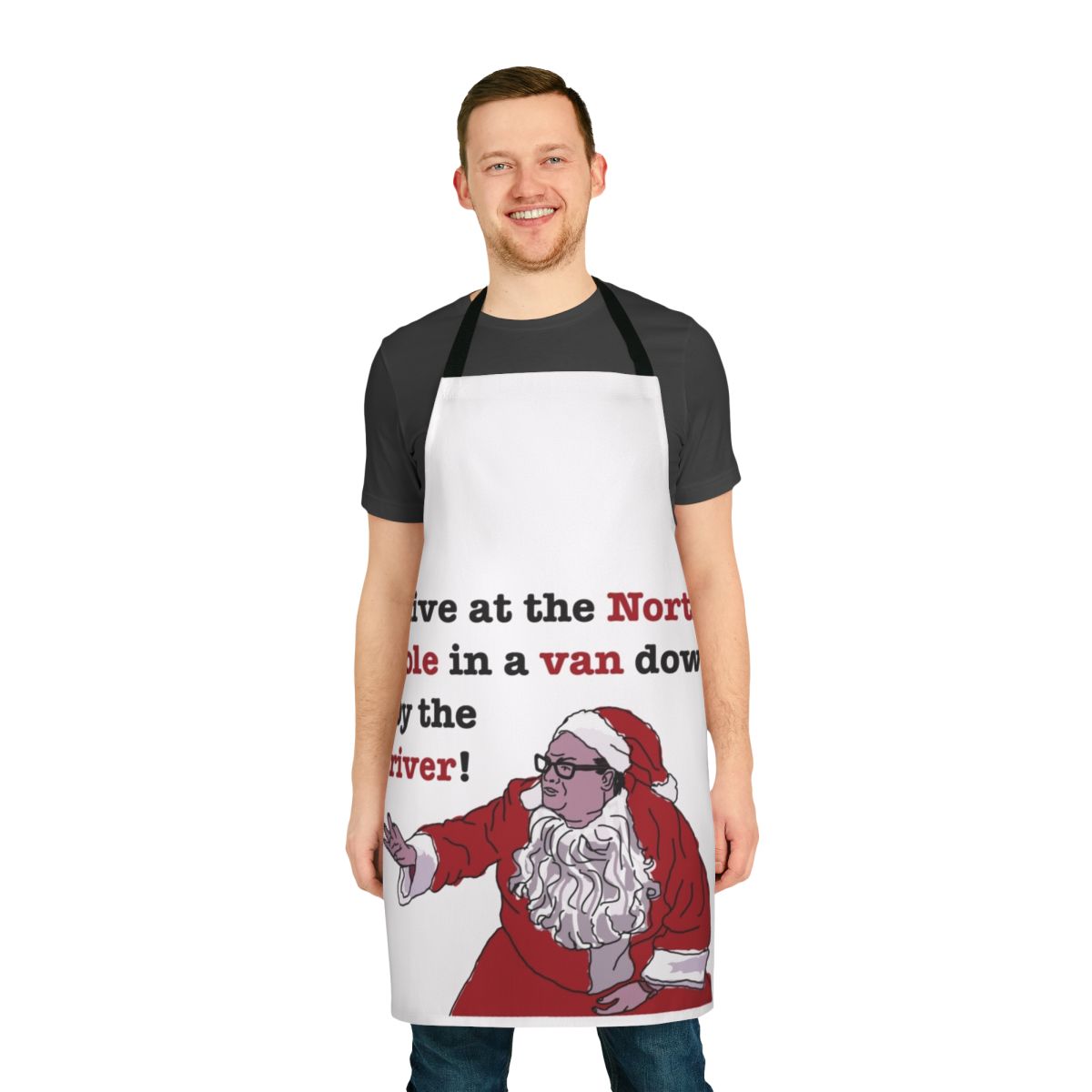 Matt Foley inspired Christmas apron featuring a comedic Van Down by the River design