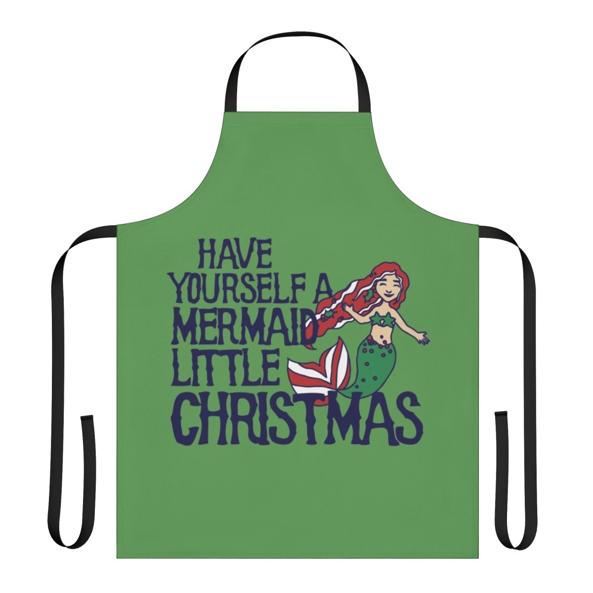 A whimsical holiday apron featuring a mermaid design, perfect for Christmas baking and cooking.