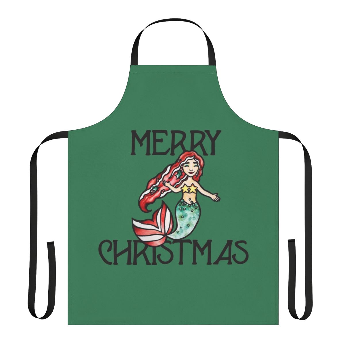 A cheerful mermaid-themed apron with a "Merry Christmas" design, perfect for holiday cooking and baking.