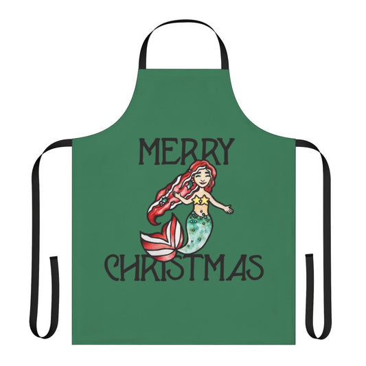 A cheerful mermaid-themed apron with a "Merry Christmas" design, perfect for holiday cooking and baking.