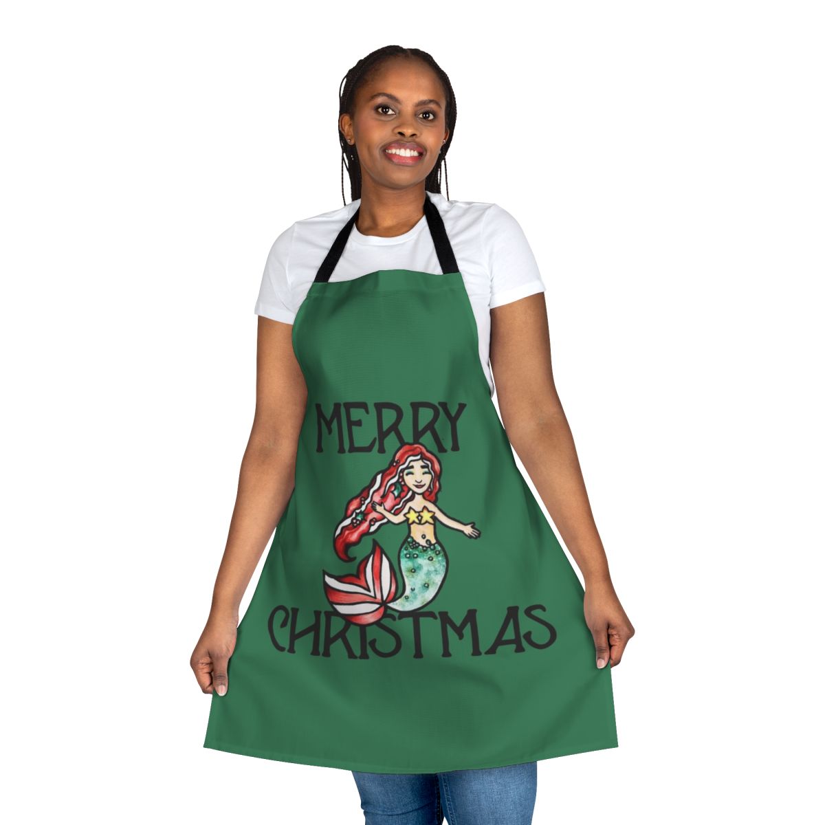 A cheerful mermaid-themed apron with a "Merry Christmas" design, perfect for holiday cooking and baking.
