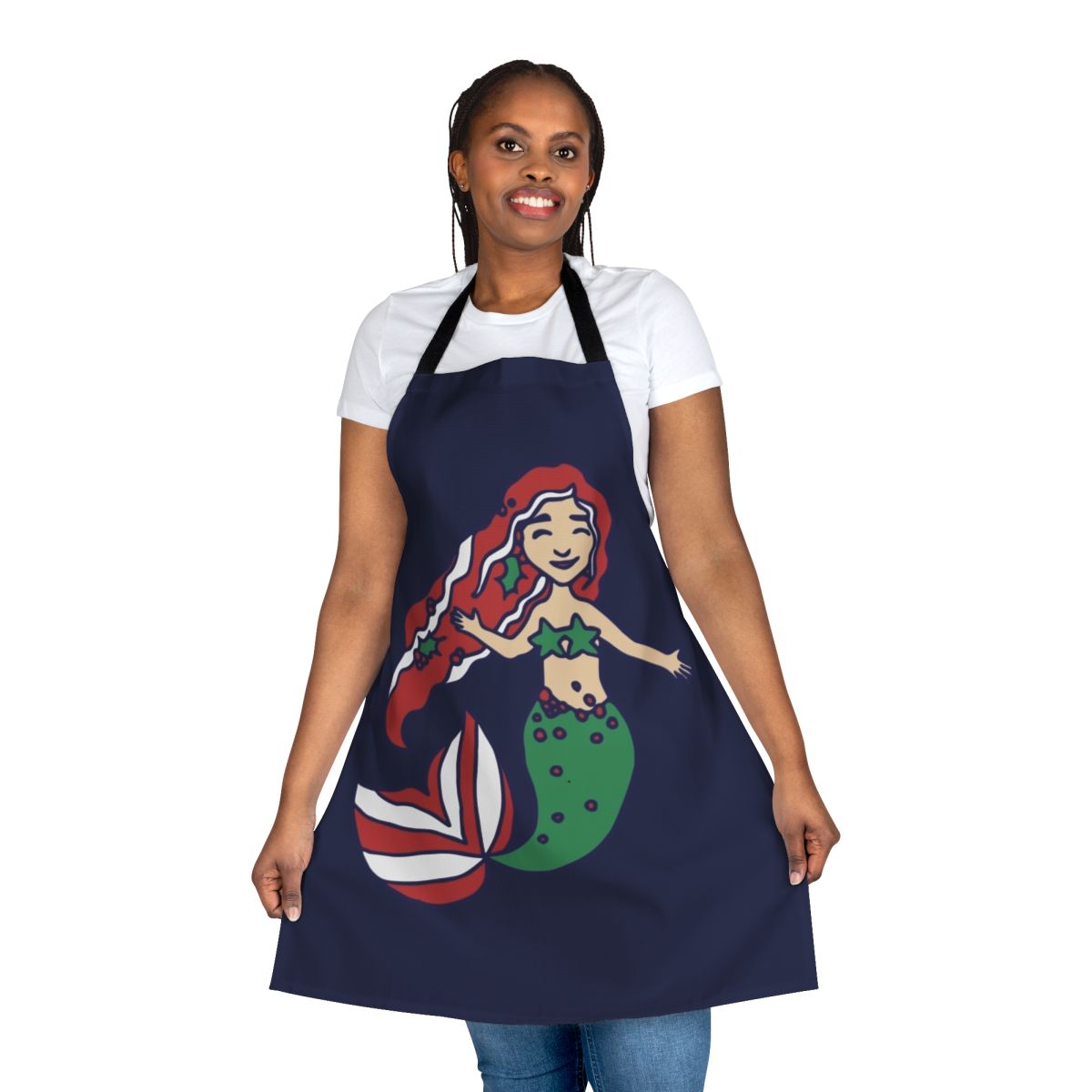 A colorful and whimsical mermaid-themed apron perfect for the Christmas season