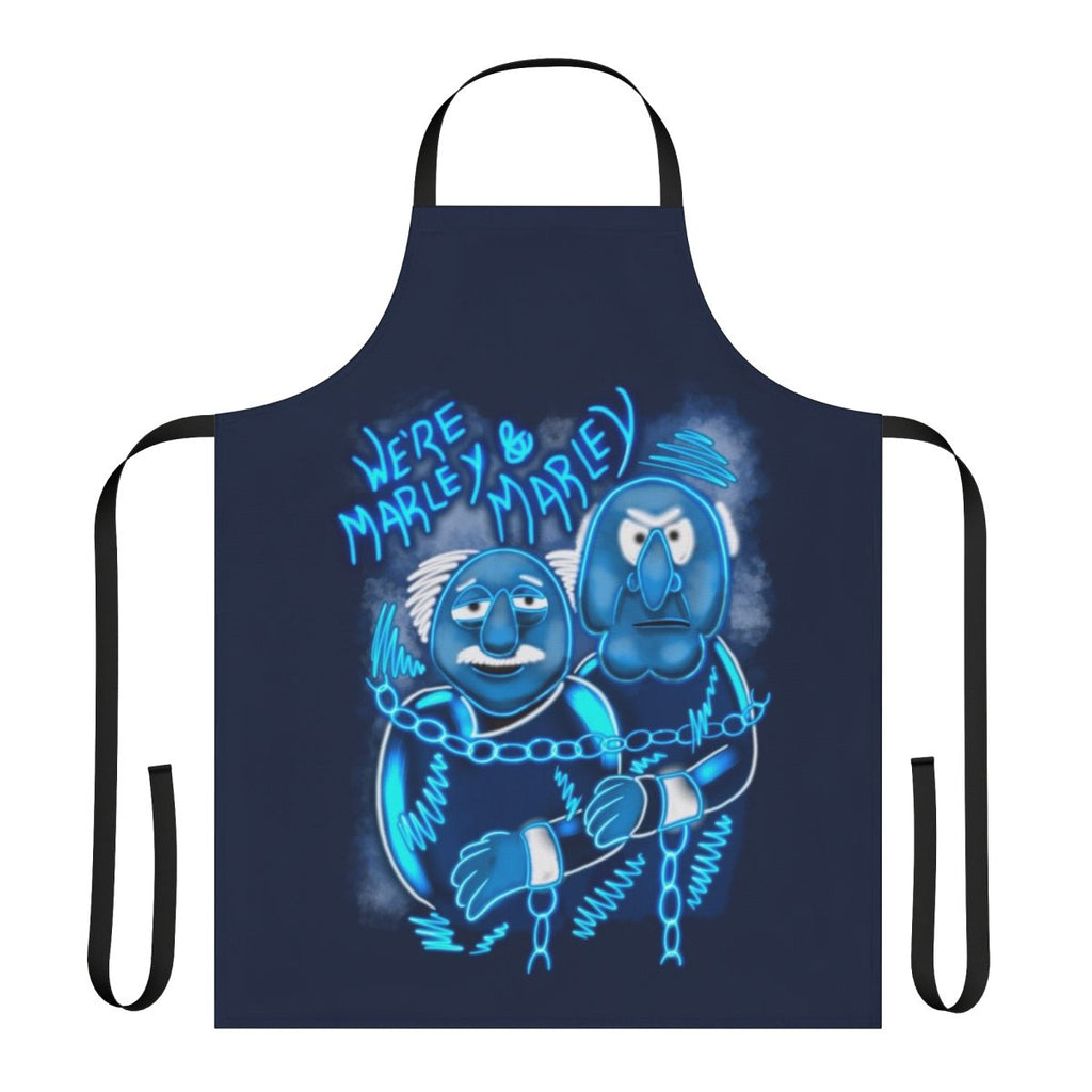 A festive apron featuring characters and imagery from the beloved Muppet Christmas Carol film.