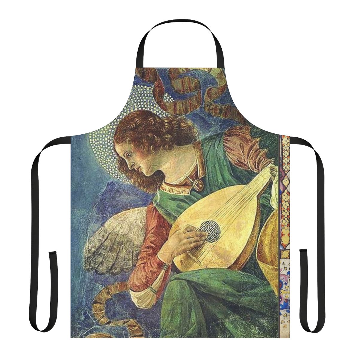 A decorative apron featuring a musical angel playing a lute, surrounded by a floral design.