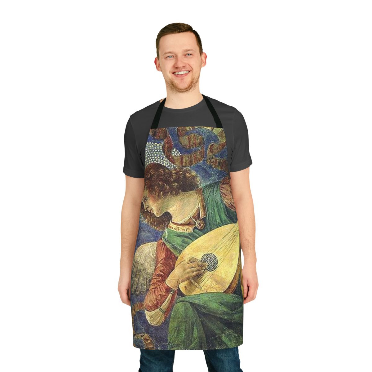 A decorative apron featuring a musical angel playing a lute, surrounded by a floral design.