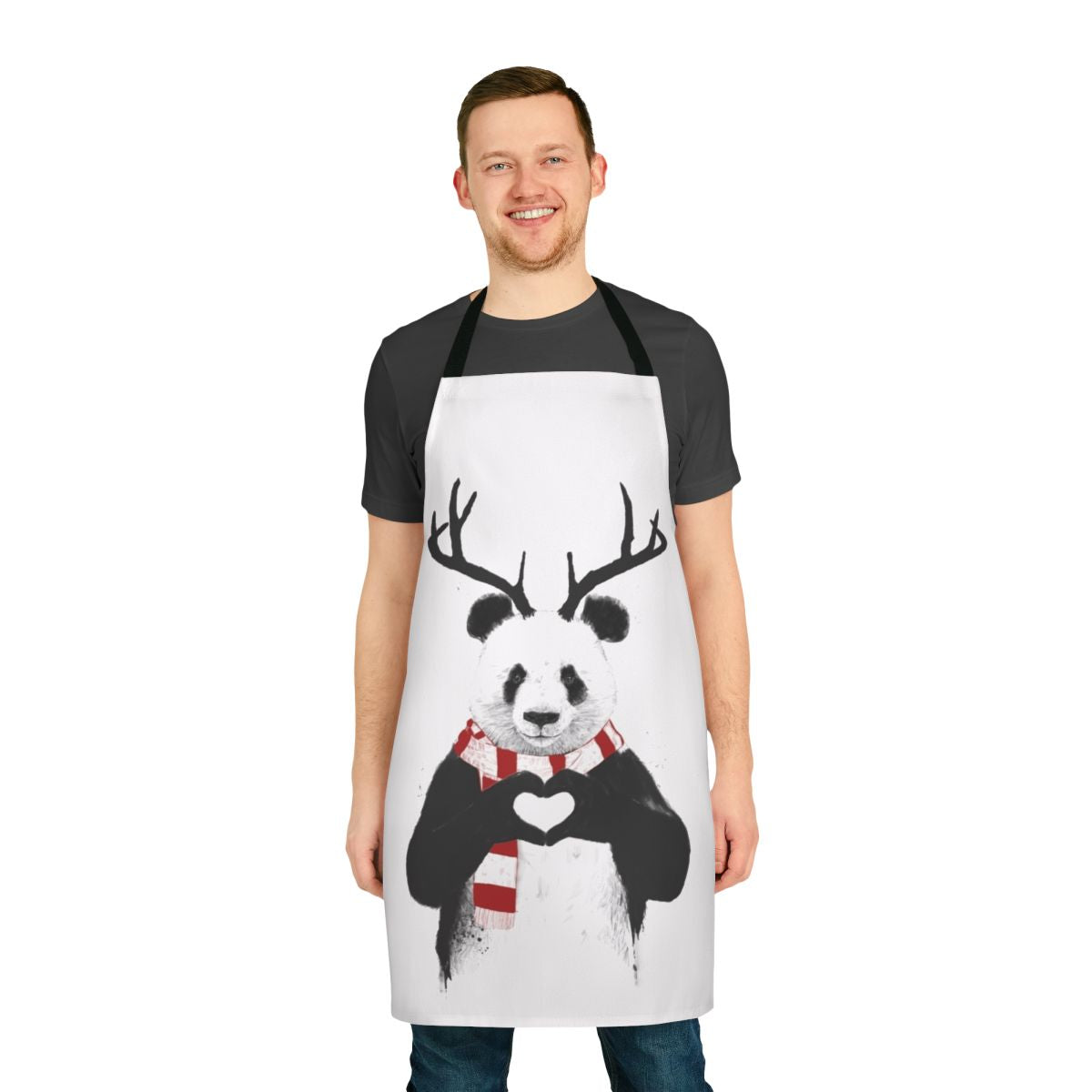 Festive panda apron with antlers and winter illustration