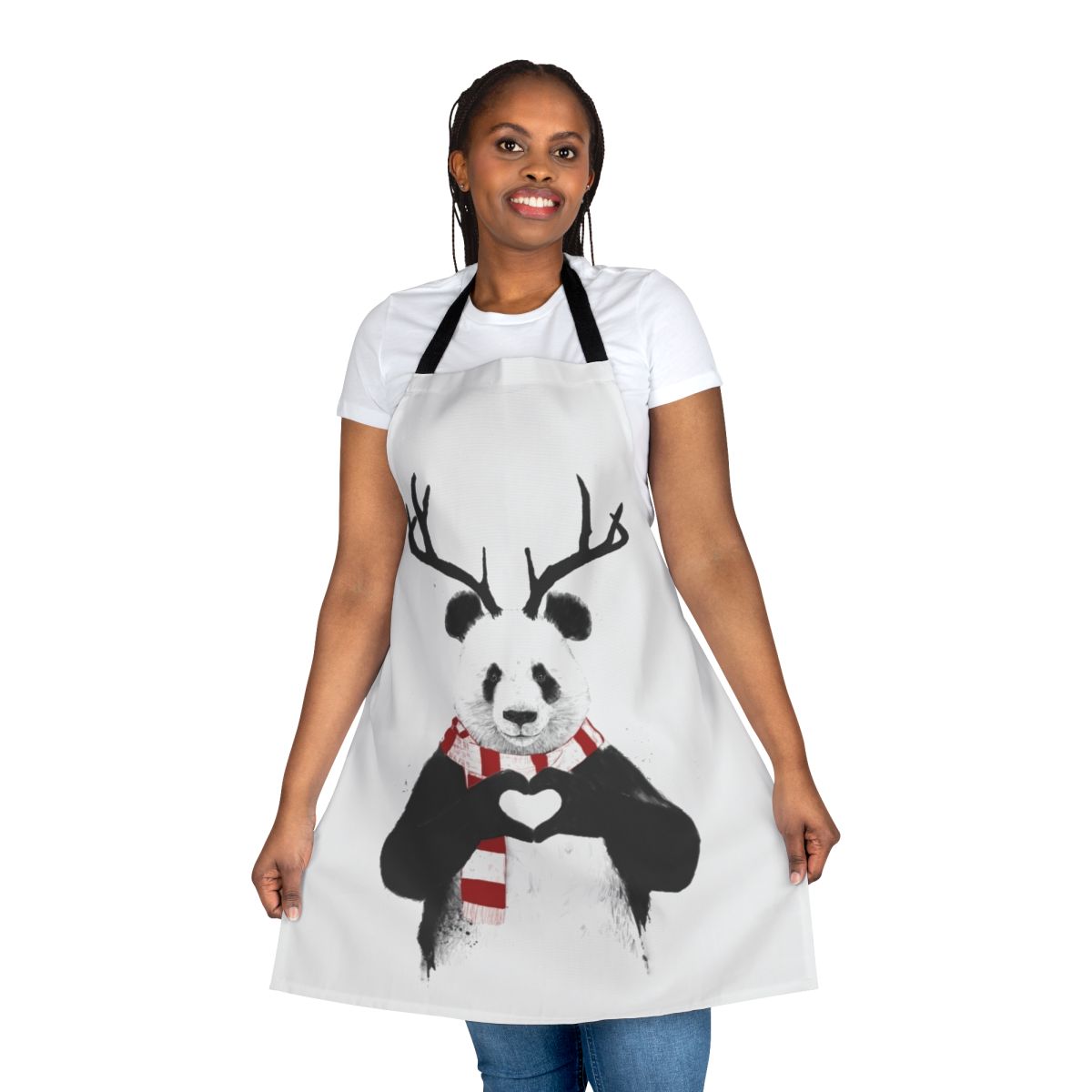 Festive panda apron with antlers and winter illustration