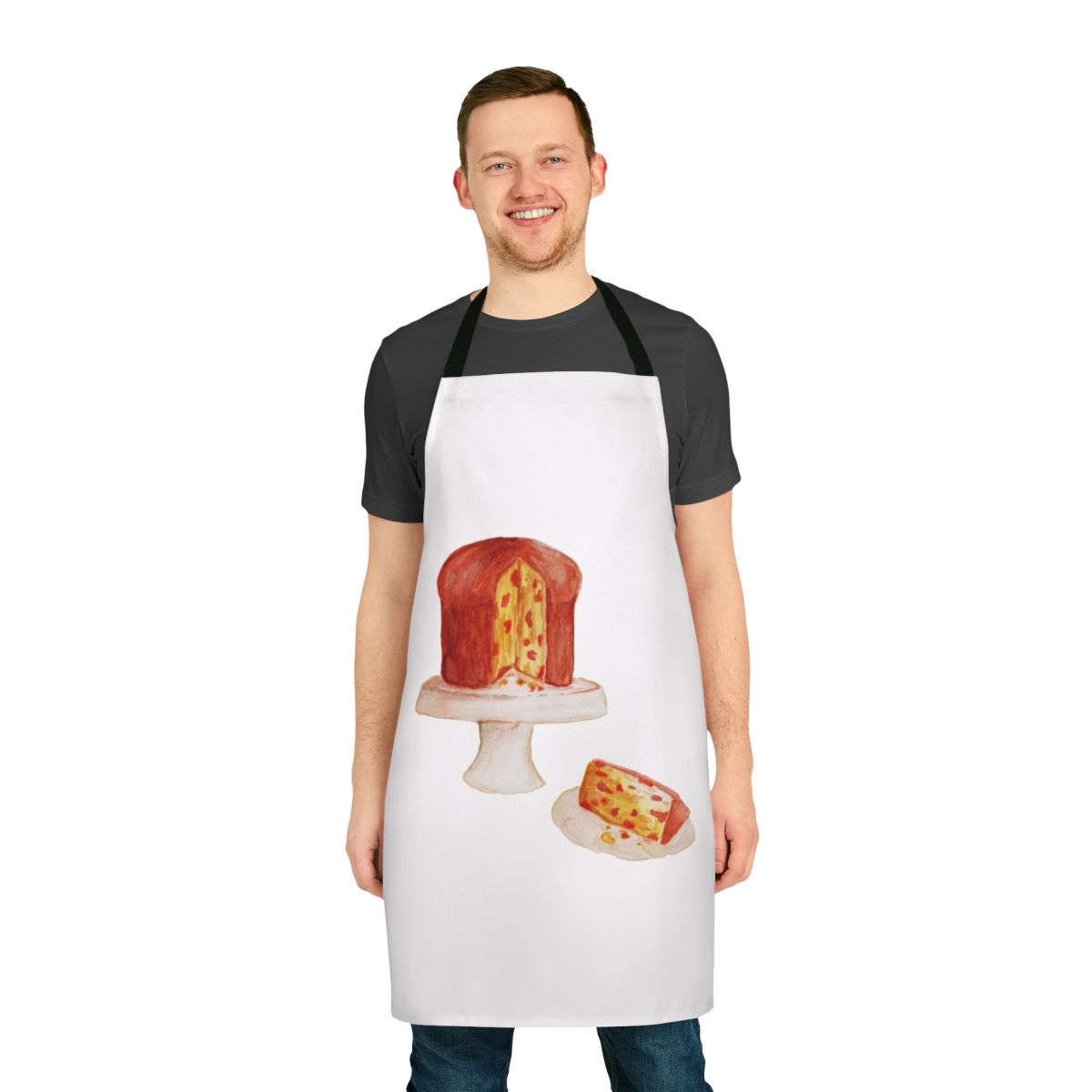 A stylish apron featuring a panettone-inspired design, perfect for bakers and cooks celebrating the Christmas season.