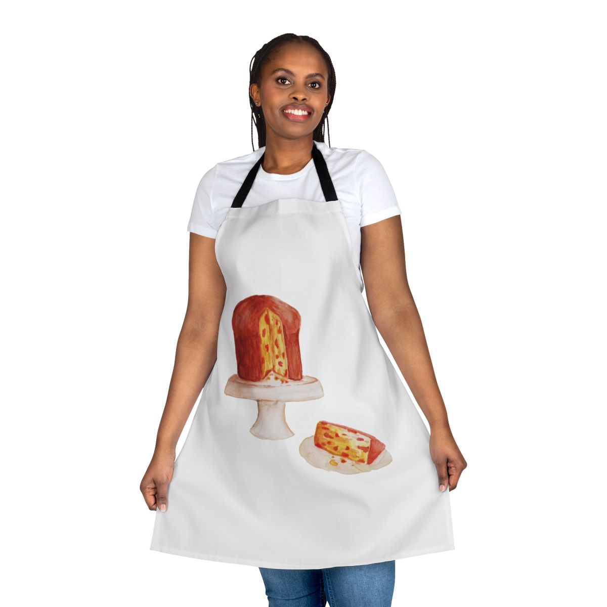 A stylish apron featuring a panettone-inspired design, perfect for bakers and cooks celebrating the Christmas season.