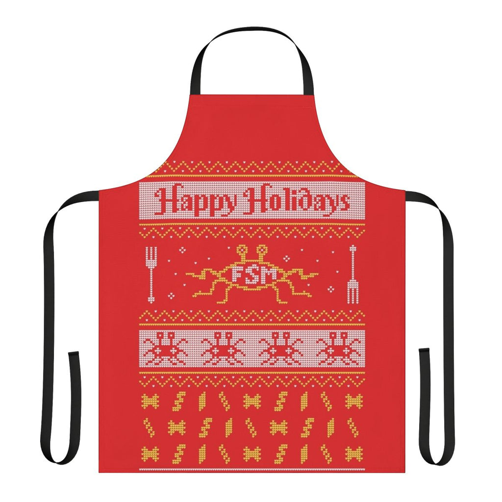 A festive apron featuring the Flying Spaghetti Monster, a symbol of pastafarianism.
