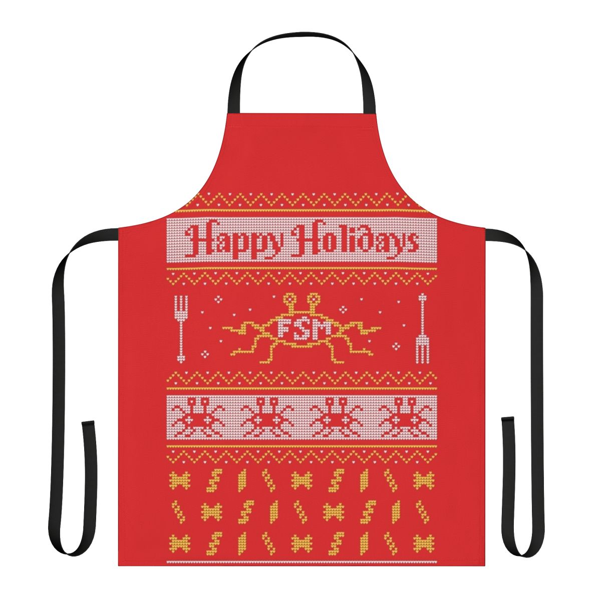 A festive apron featuring the Flying Spaghetti Monster, a symbol of pastafarianism.