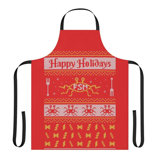 A festive apron featuring the Flying Spaghetti Monster, a symbol of pastafarianism.