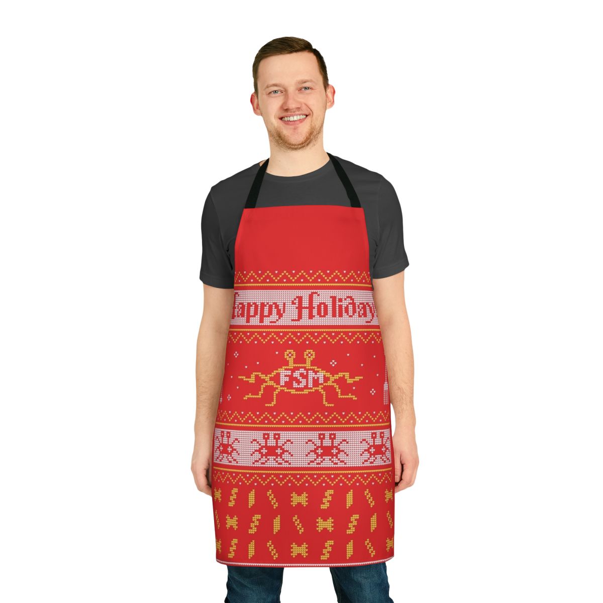 A festive apron featuring the Flying Spaghetti Monster, a symbol of pastafarianism.