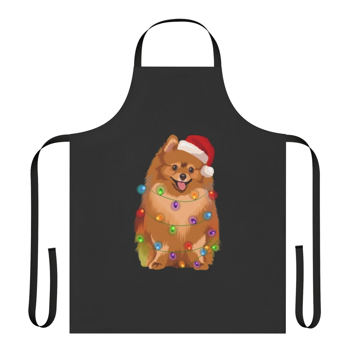 A colorful apron featuring a pomeranian dog design with Christmas lights, perfect for holiday baking and cooking.