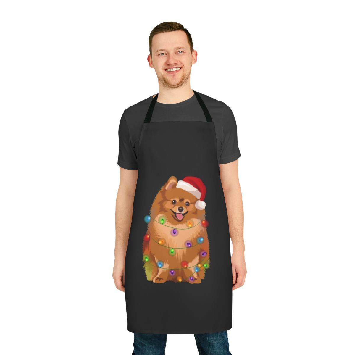 A colorful apron featuring a pomeranian dog design with Christmas lights, perfect for holiday baking and cooking.
