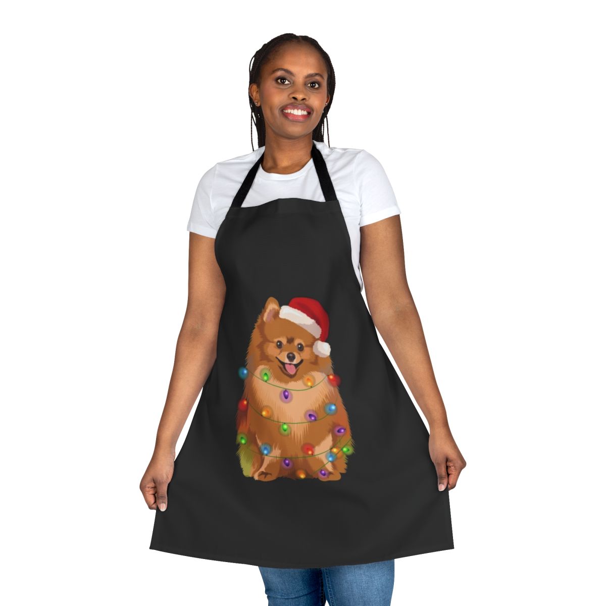 A colorful apron featuring a pomeranian dog design with Christmas lights, perfect for holiday baking and cooking.