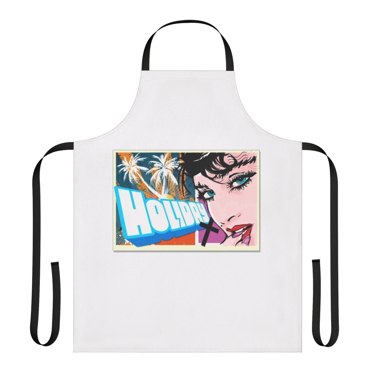 Colorful holiday apron with pop art style design inspired by iconic music divas