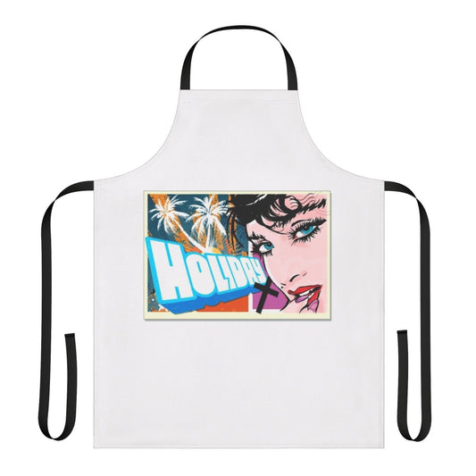 Colorful holiday apron with pop art style design inspired by iconic music divas