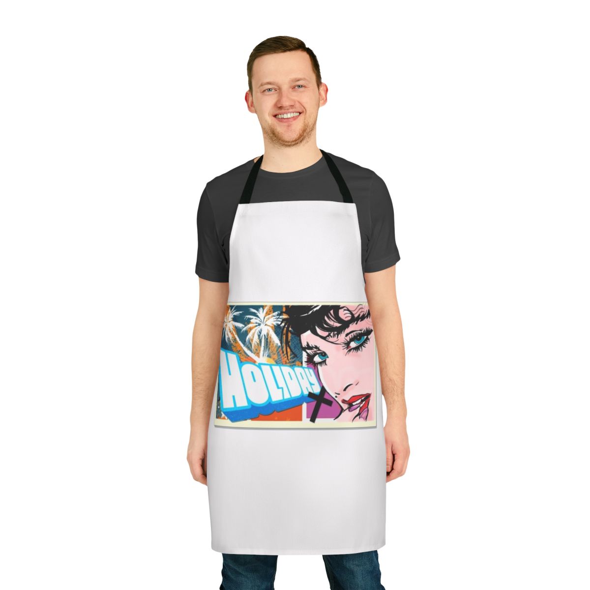 Colorful holiday apron with pop art style design inspired by iconic music divas