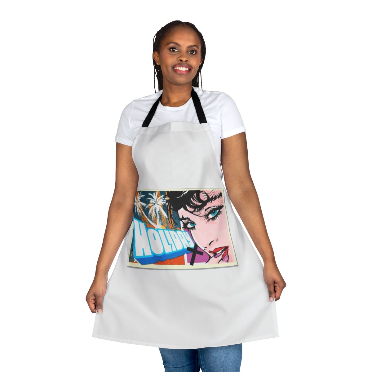 Colorful holiday apron with pop art style design inspired by iconic music divas