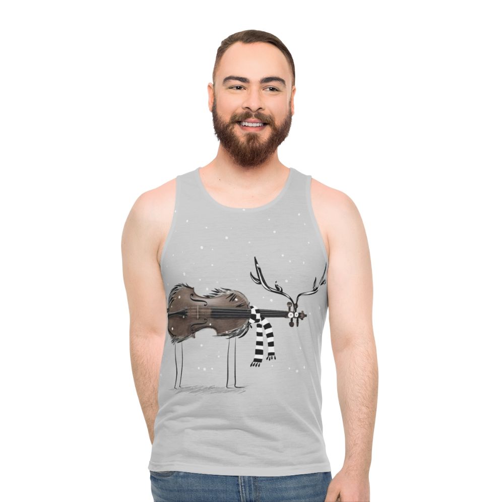 Festive reindeer and violin unisex Christmas tank top