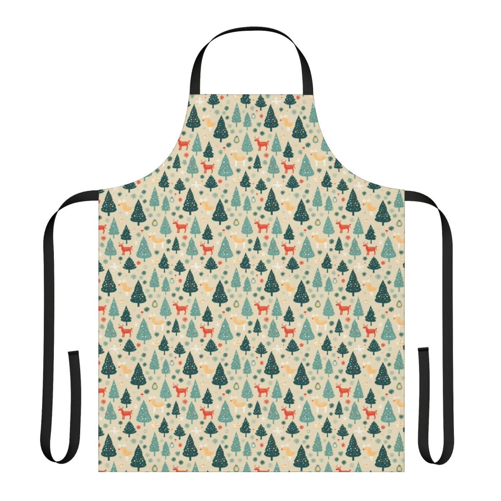 A festive seamless holiday apron with Christmas trees and reindeer designs.