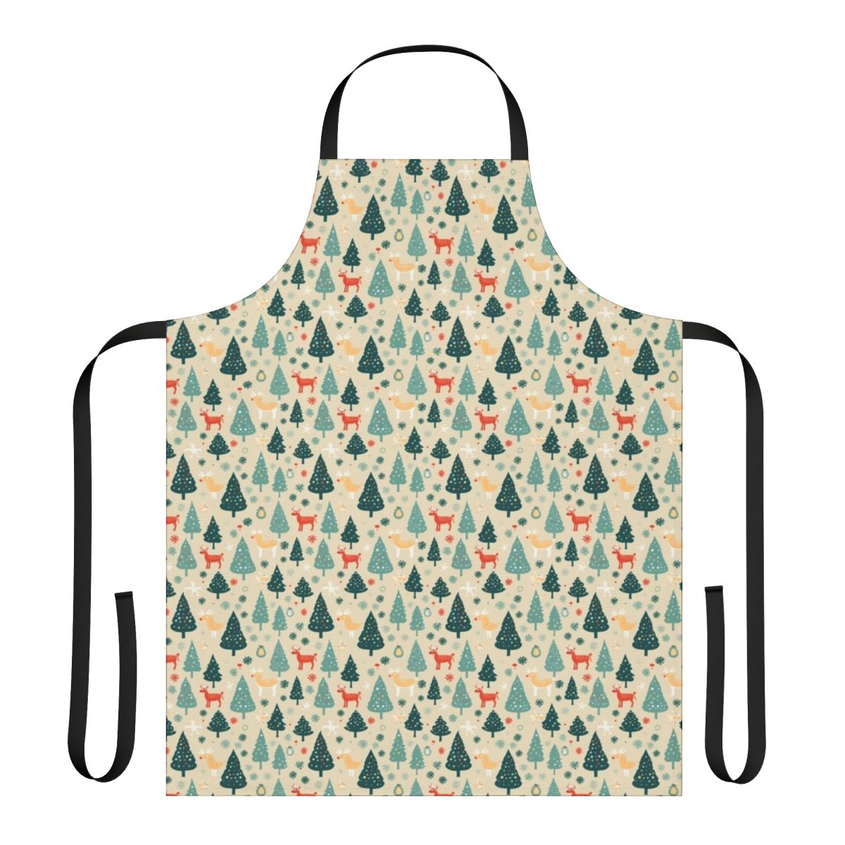 A festive seamless holiday apron with Christmas trees and reindeer designs.