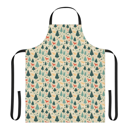 A festive seamless holiday apron with Christmas trees and reindeer designs.