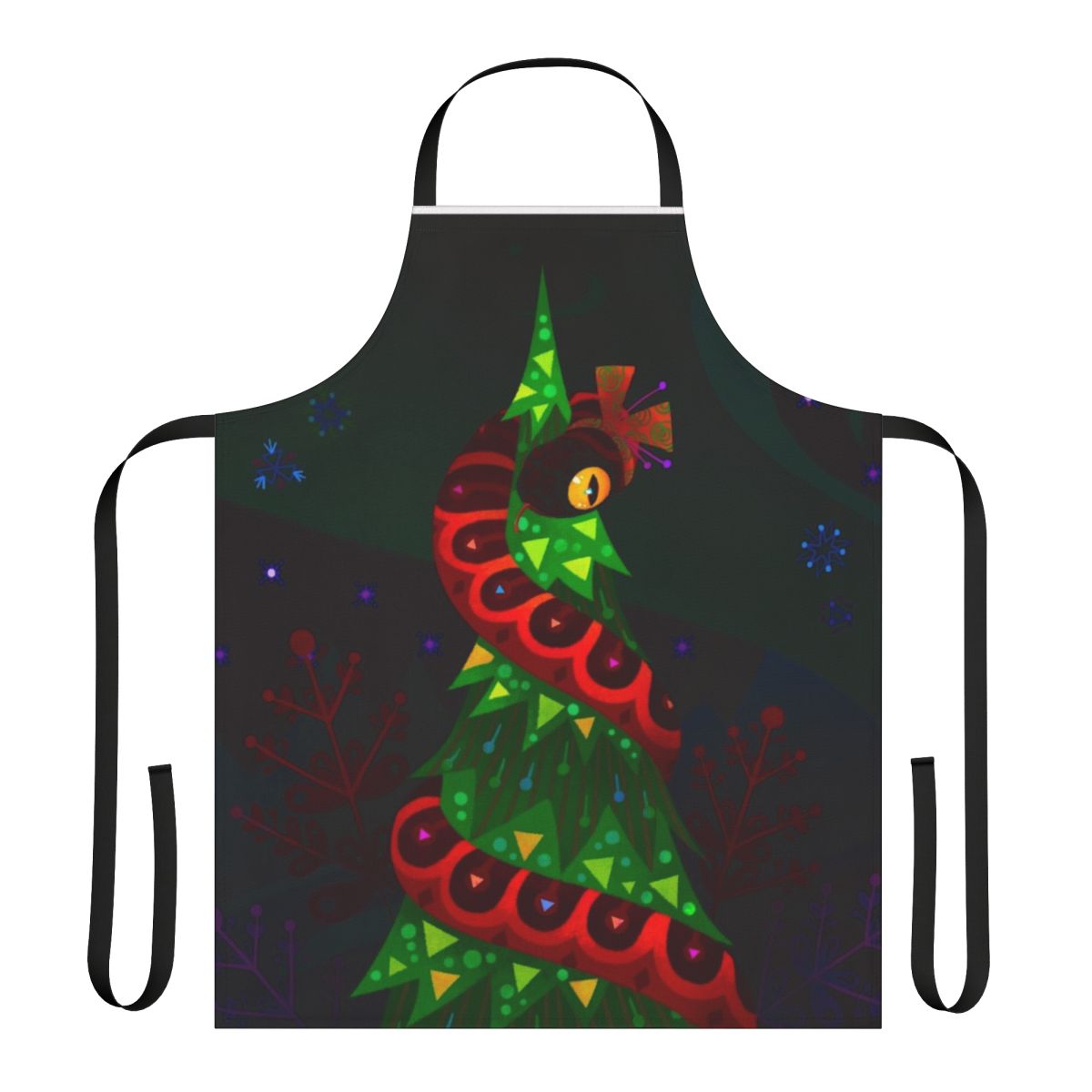 A colorful apron featuring a whimsical snake design, perfect for Christmas and winter celebrations.