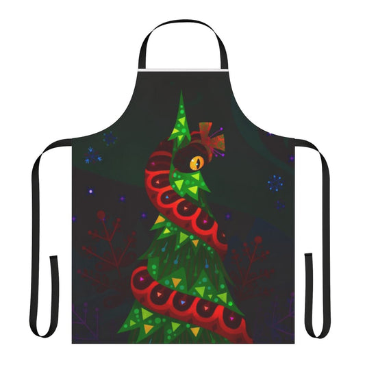 A colorful apron featuring a whimsical snake design, perfect for Christmas and winter celebrations.