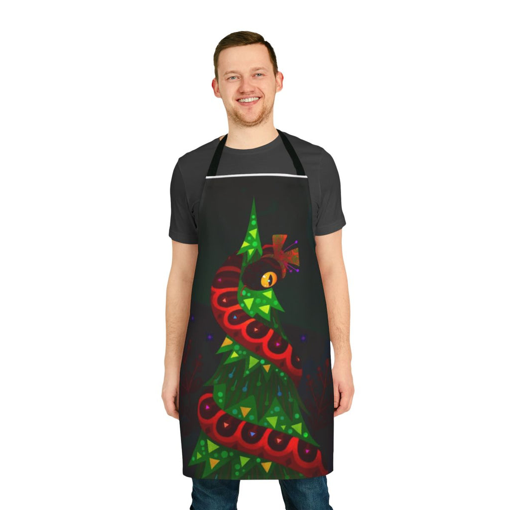 A colorful apron featuring a whimsical snake design, perfect for Christmas and winter celebrations.