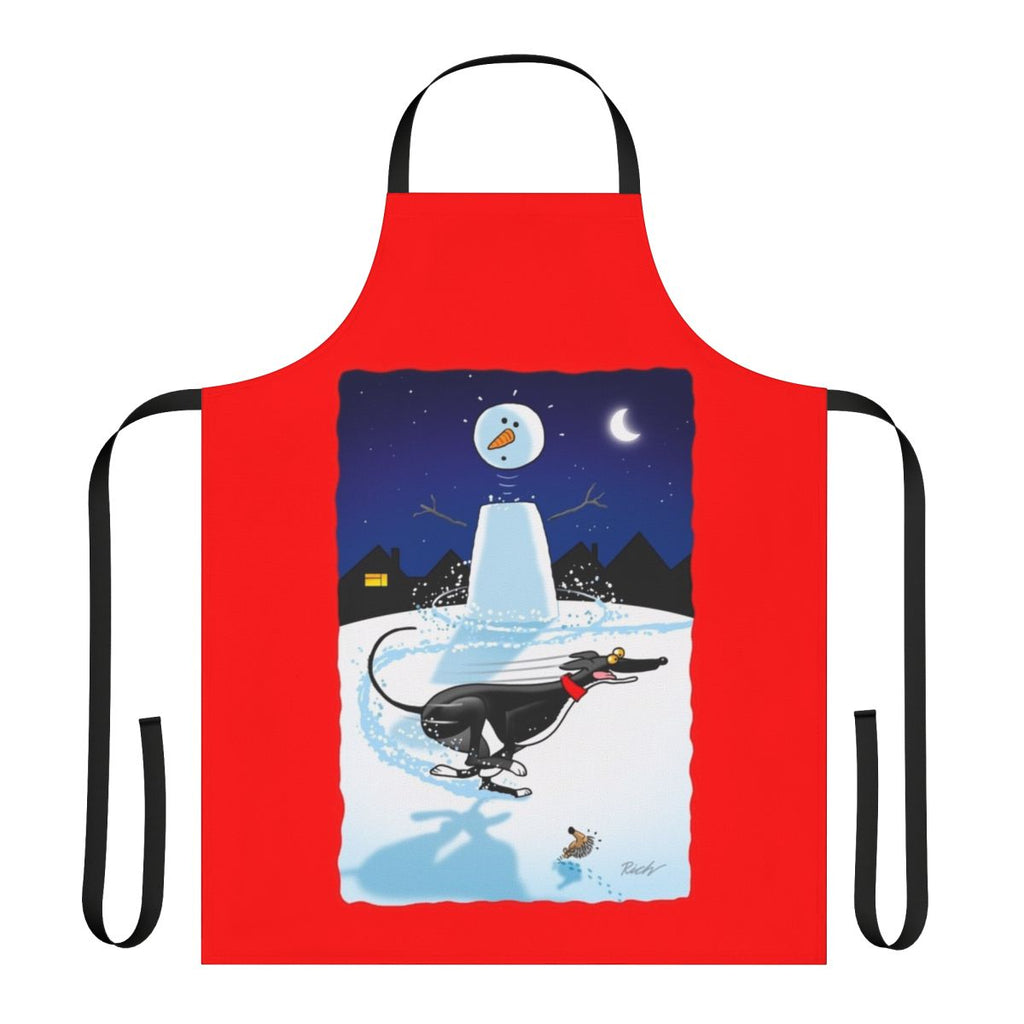 Snowman-themed apron with cartoon greyhound, lurcher, and whippet dogs