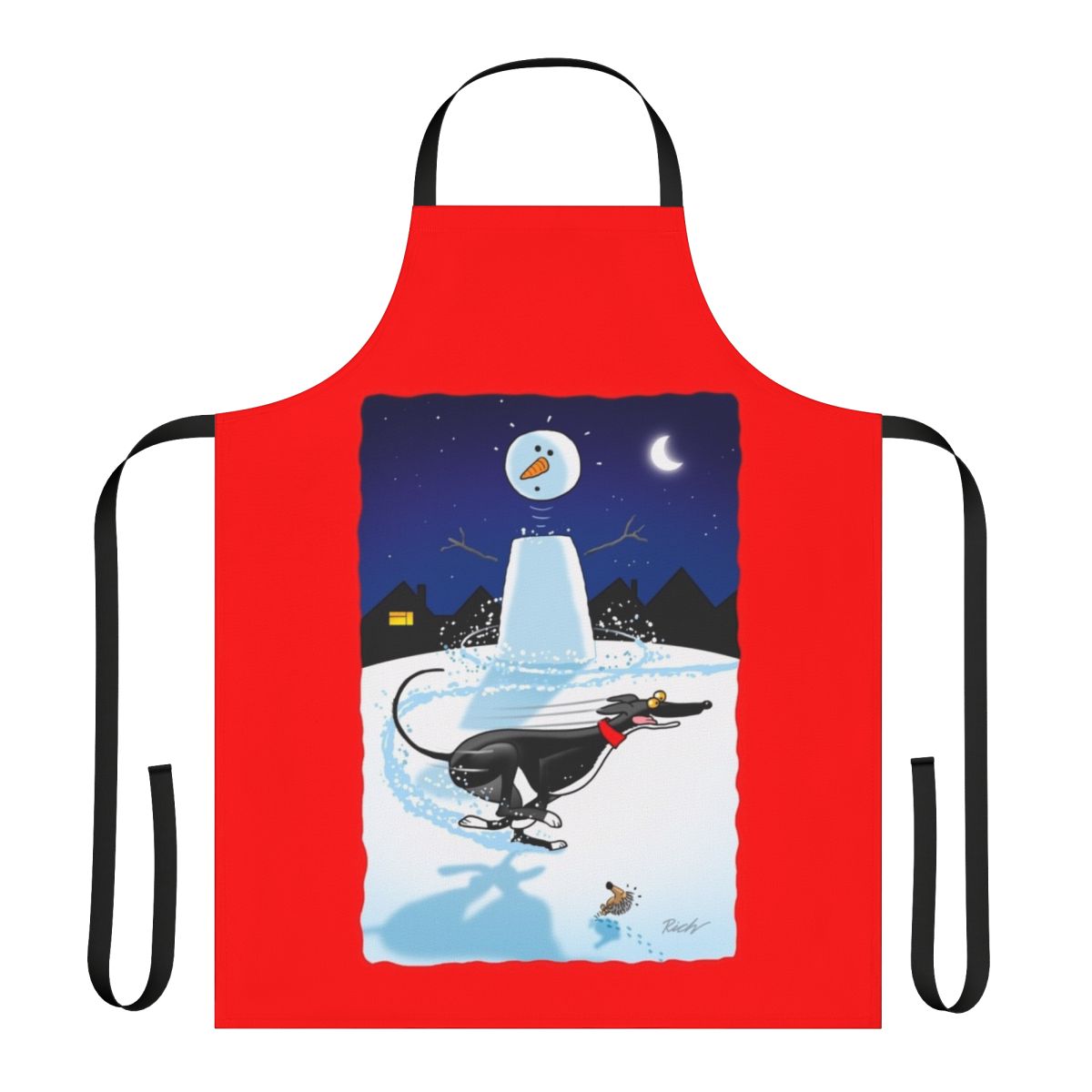 Snowman-themed apron with cartoon greyhound, lurcher, and whippet dogs