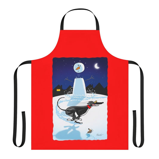Snowman-themed apron with cartoon greyhound, lurcher, and whippet dogs