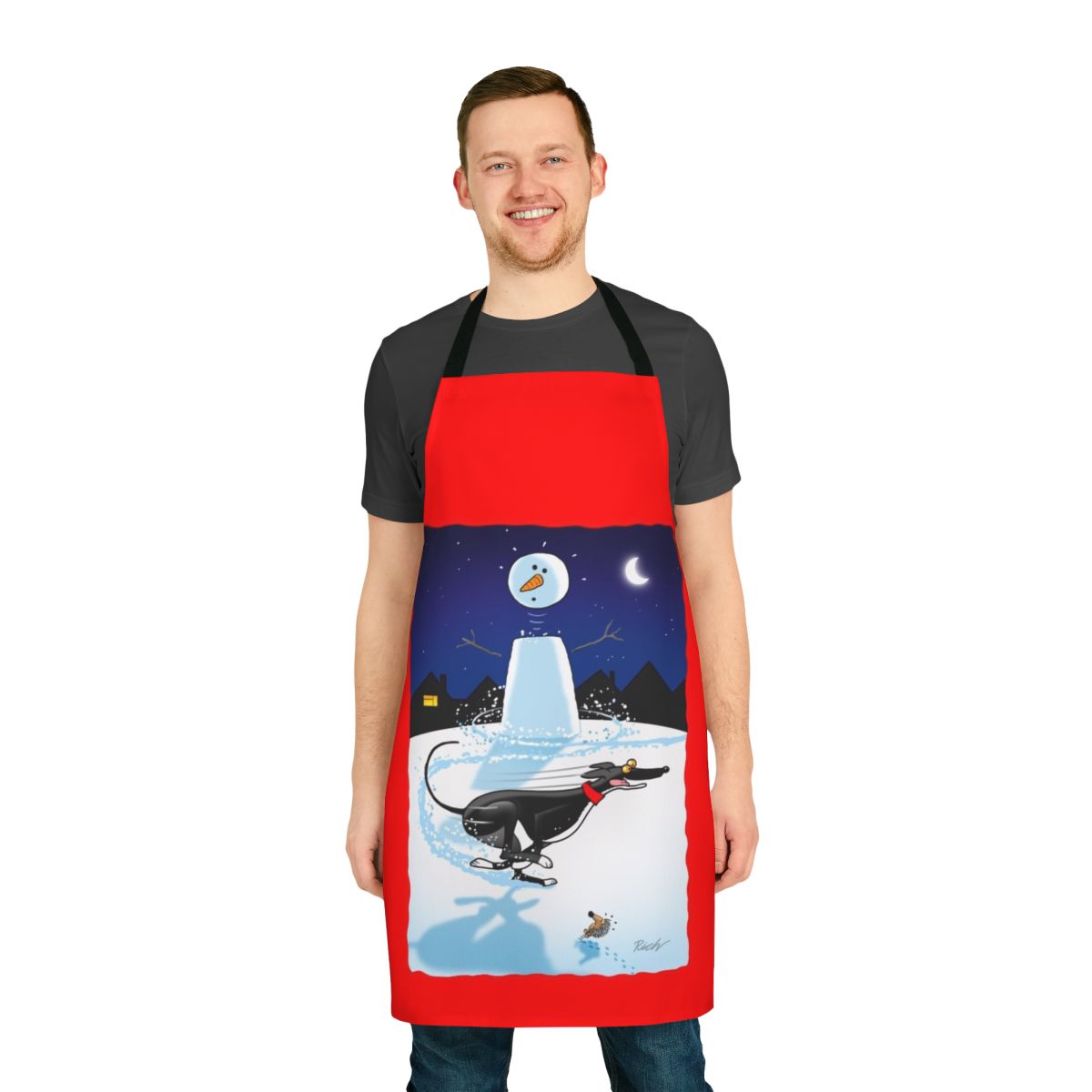 Snowman-themed apron with cartoon greyhound, lurcher, and whippet dogs