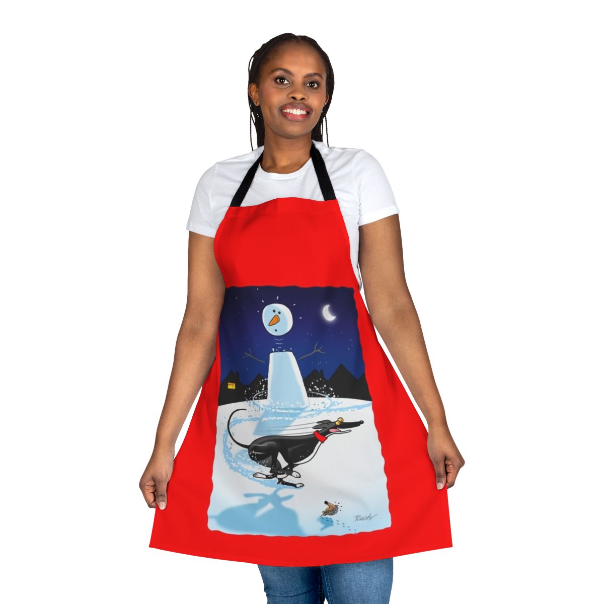 Snowman-themed apron with cartoon greyhound, lurcher, and whippet dogs
