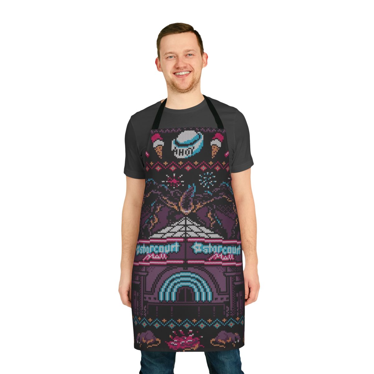 Stranger Things themed apron featuring an ugly Christmas sweater design