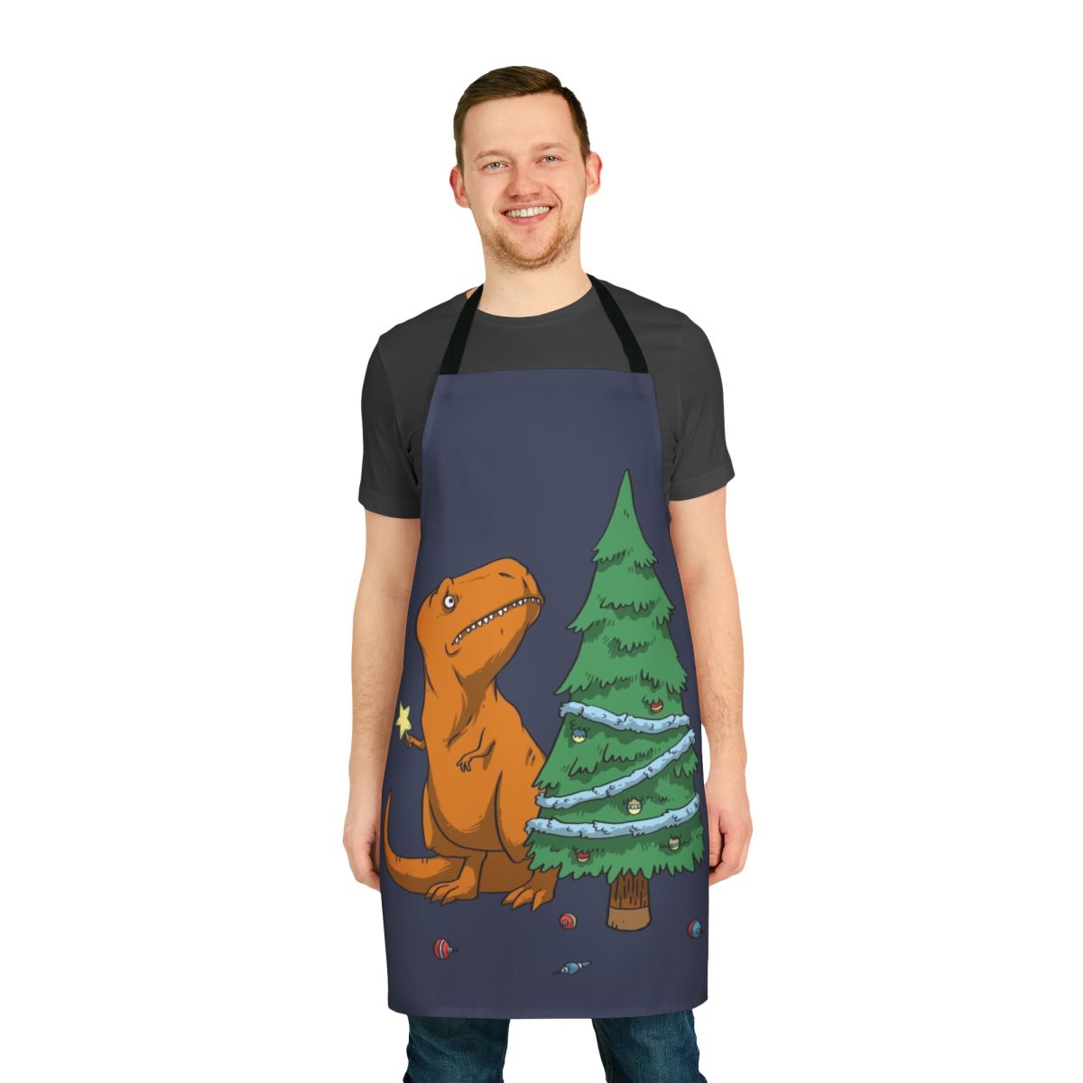 Apron with a Tyrannosaurus Rex design, perfect for cooking and baking during the Christmas and winter holiday season.