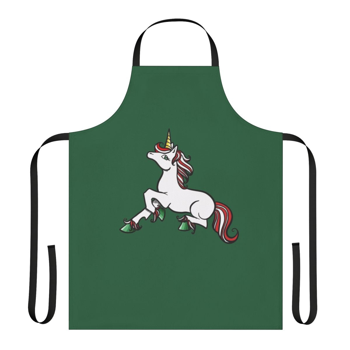 Colorful unicorn-themed apron with a holiday design, perfect for Christmas cooking and baking