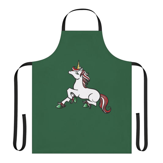 Colorful unicorn-themed apron with a holiday design, perfect for Christmas cooking and baking