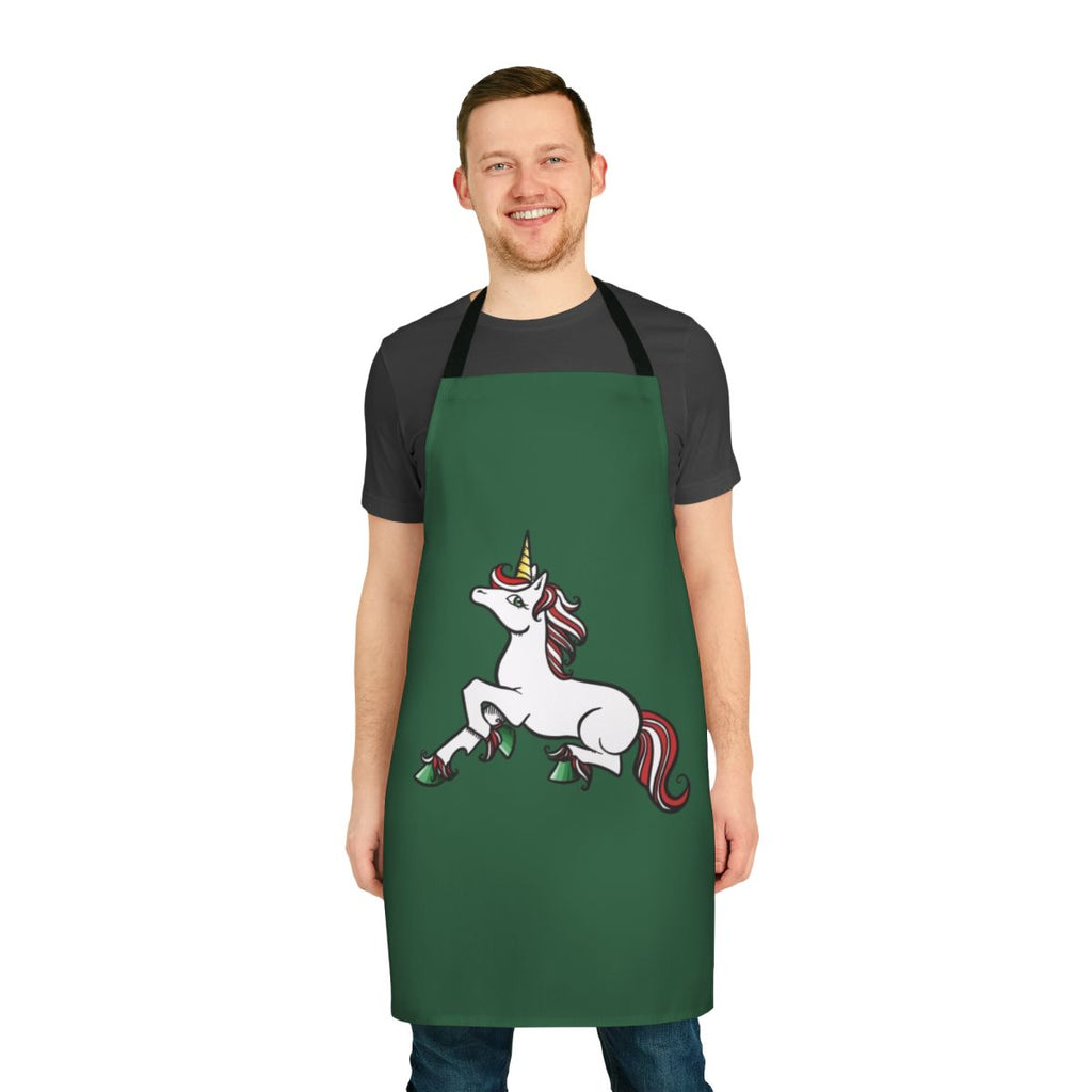 Colorful unicorn-themed apron with a holiday design, perfect for Christmas cooking and baking