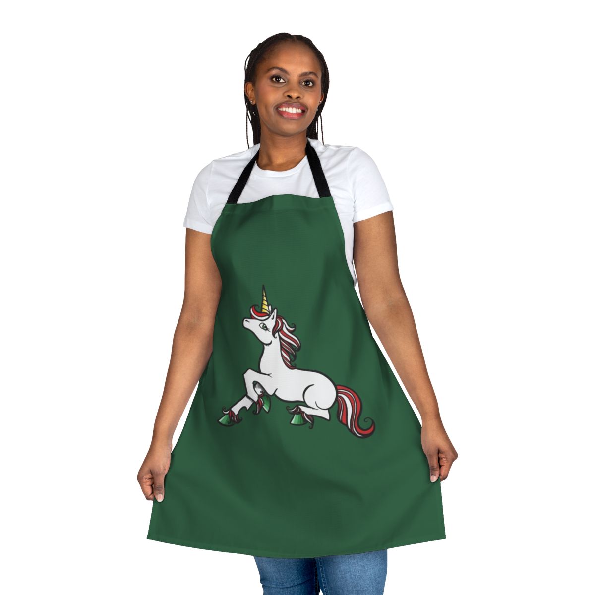 Colorful unicorn-themed apron with a holiday design, perfect for Christmas cooking and baking