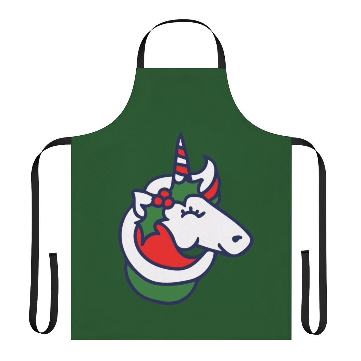 A whimsical Christmas unicorn apron featuring a magical unicorn design and holly accents.