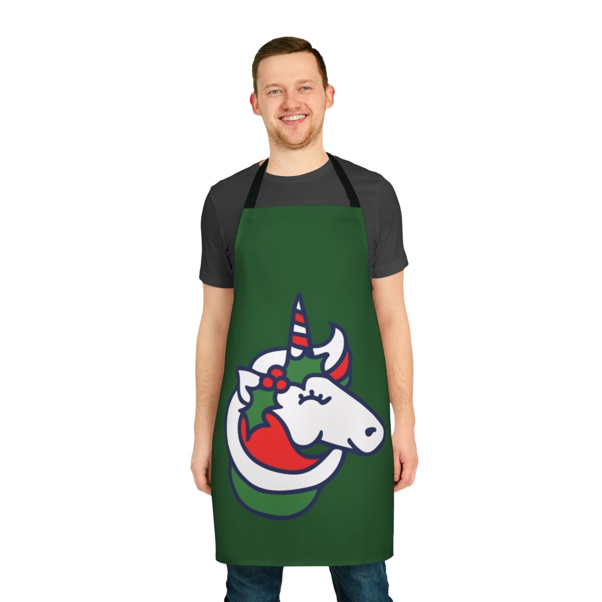 A whimsical Christmas unicorn apron featuring a magical unicorn design and holly accents.