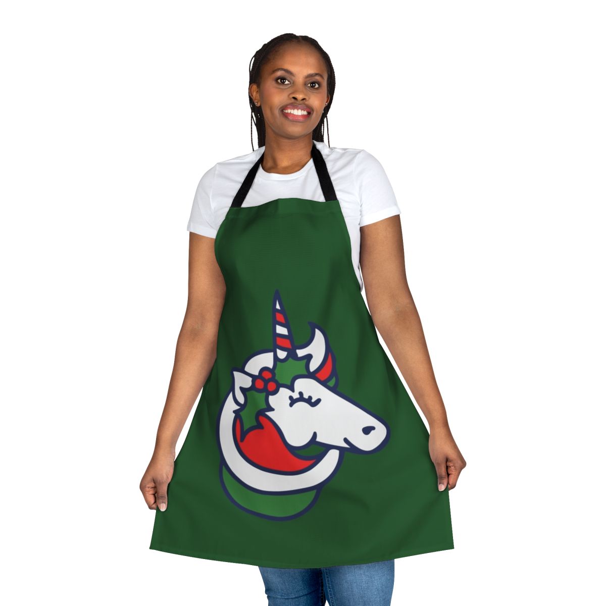 A whimsical Christmas unicorn apron featuring a magical unicorn design and holly accents.