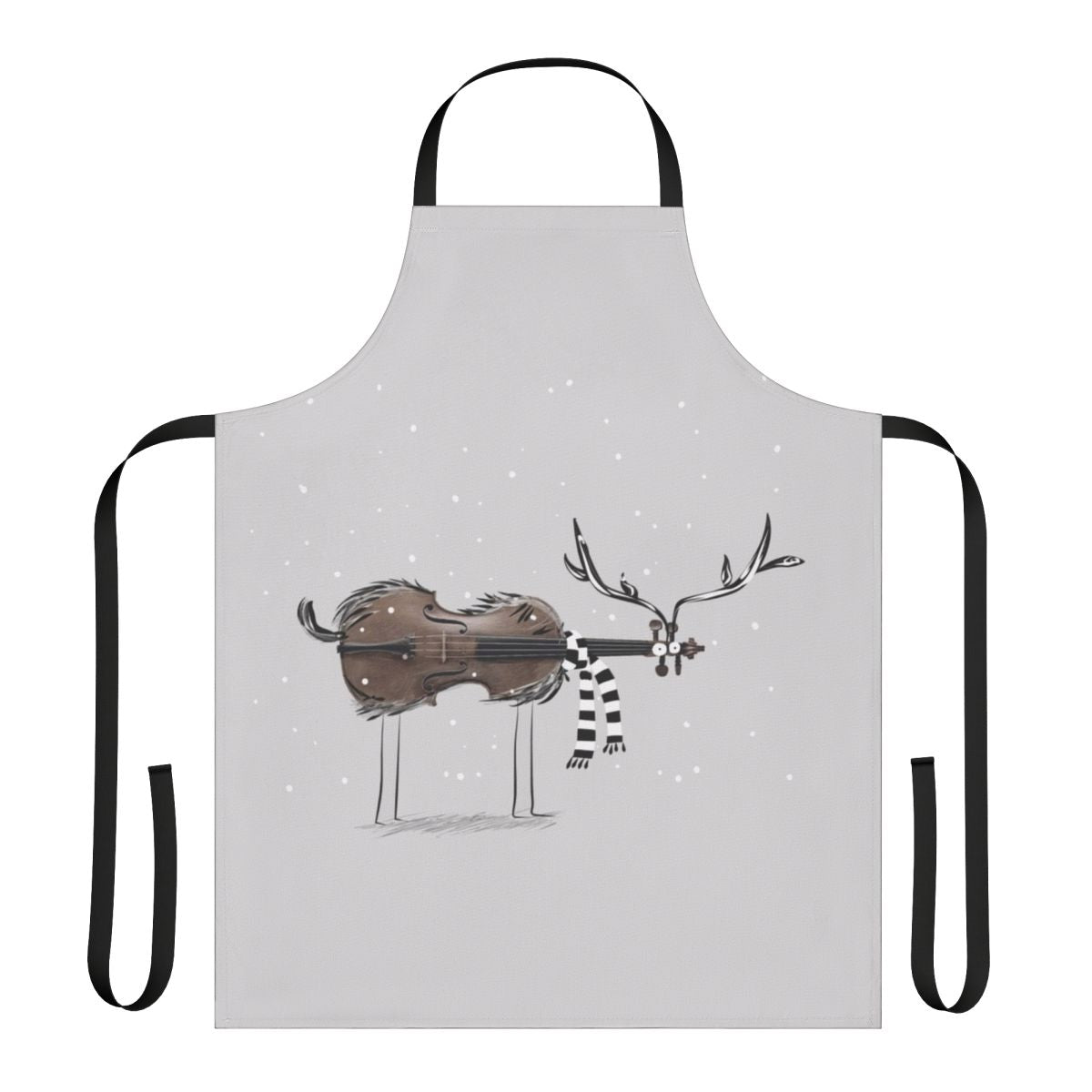Christmas-themed apron featuring a reindeer playing a violin against a snowy backdrop